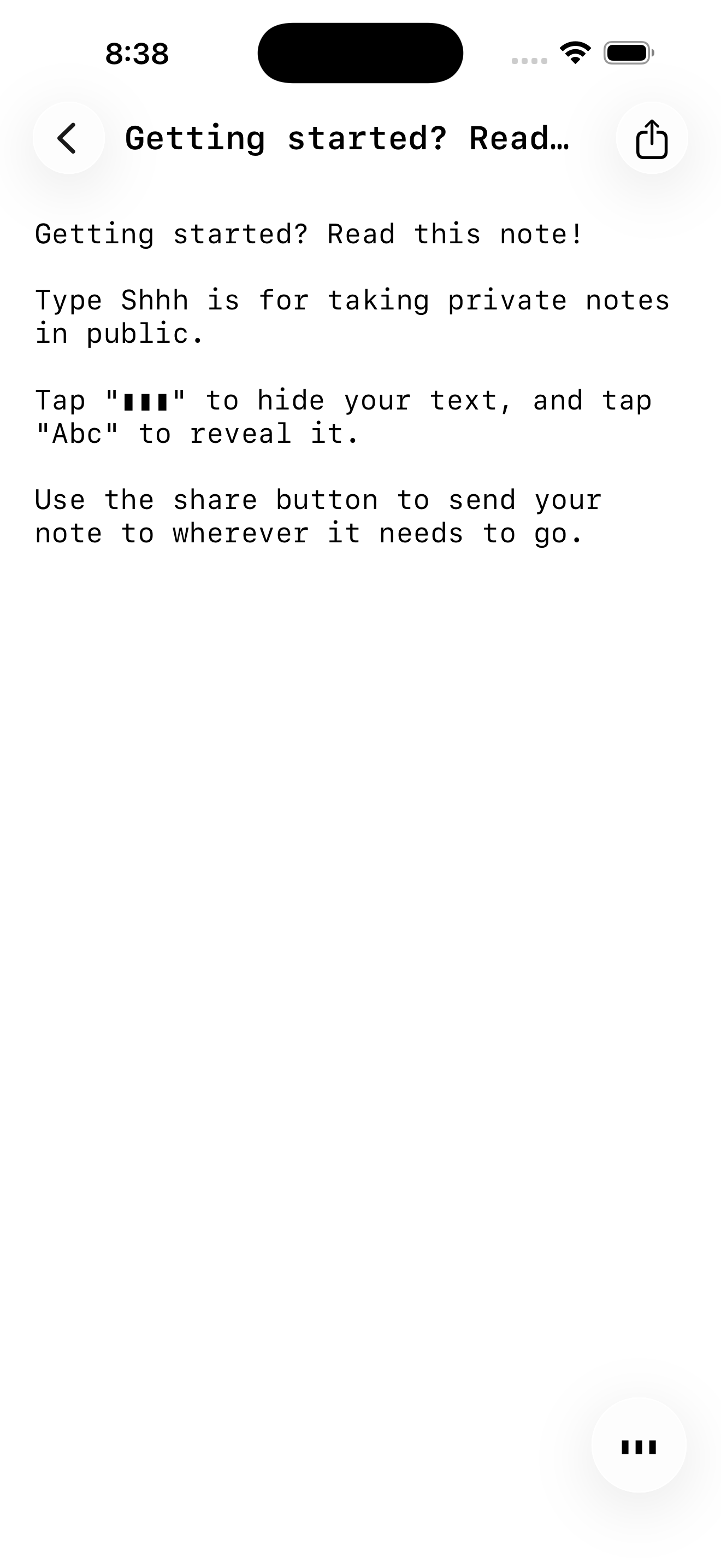 Type Shhh showing note text in normal readable mode